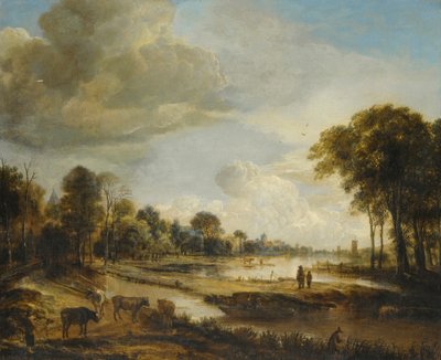 Een rivierlandschap met figuren en vee door Aert van der Neer
